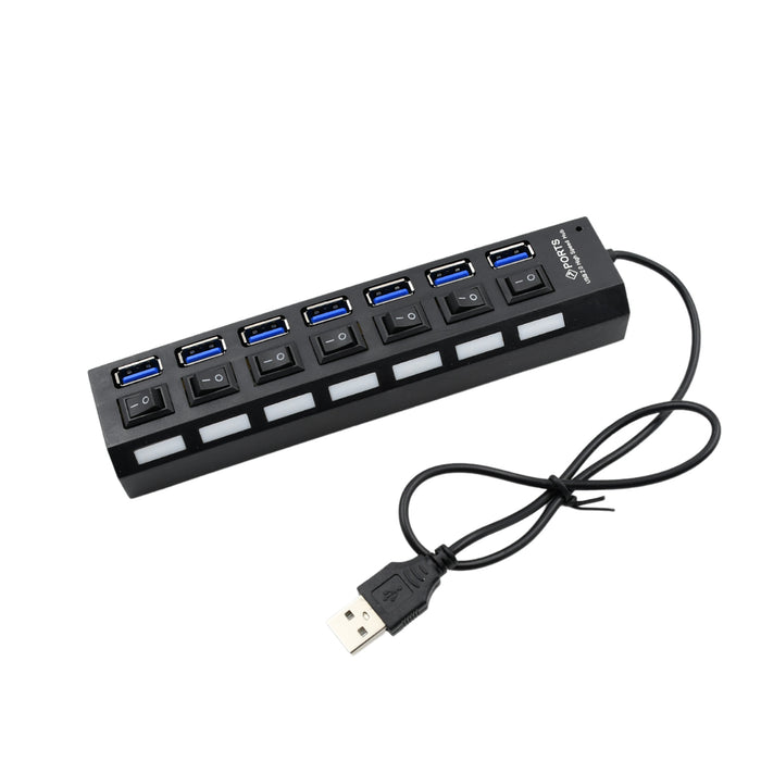 7-Port USB 3.0 Hub with Individual Power Switches and LED Lights,  High-Speed Data Hub Splitter Portable USB Extension Hub for PC Laptop and  More (No