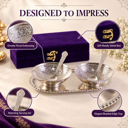 Silver-Plated Brass Bowl Set with Elegant Serving Tray & Velvet Gift B