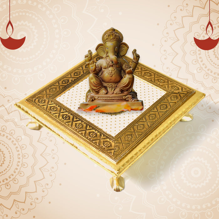 Golden - Square Pooja Chowki Patla / Bajot (20×20 CM / 1 Pc)