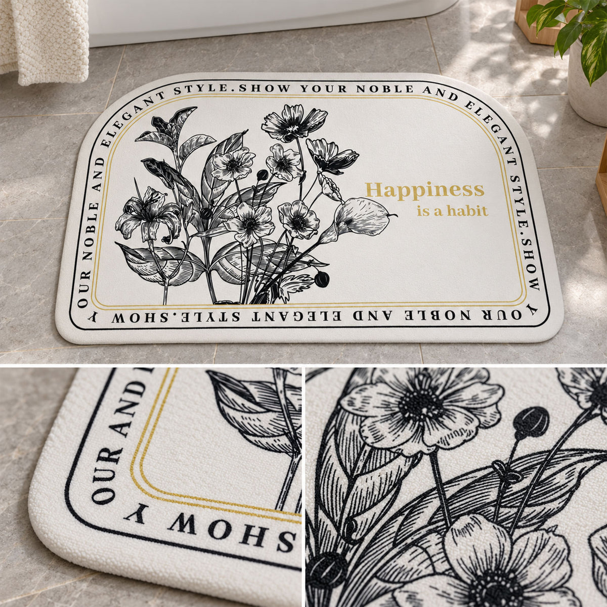 Absorbent Bathroom Mat, Half Round Botanical Quote Print Mat (1 Pc, 50x80 Cm)