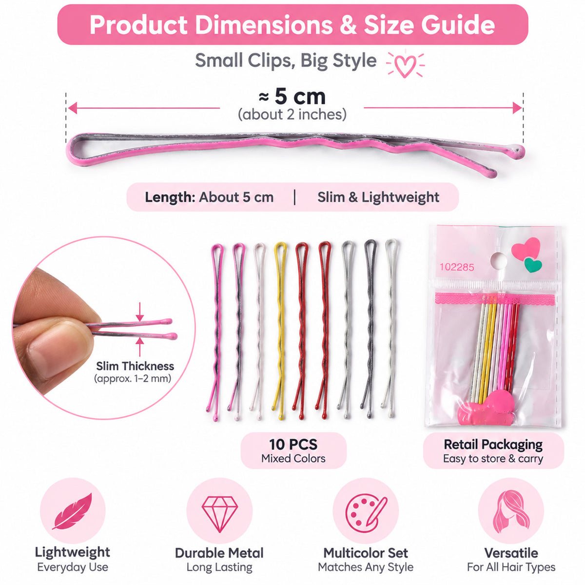 Metallic Colour Bobby Pins Set with Mixed Shades for Girls (10 Pc)