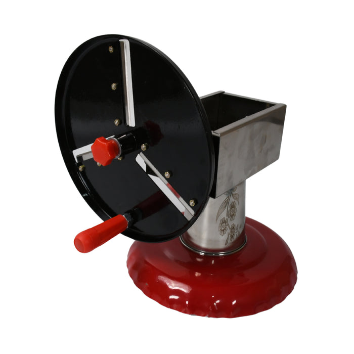 Stainless Steel Chips Maker and Vegetable Slicer for Kitchen Potato Slicer Graters and Chippers. Chips Maker is Suitable for Vegetable Cuttings. Chips Maker Consist Hard Coated Iron Wheel and Stand.