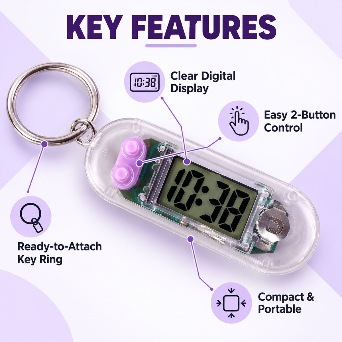 Transparent Digital Clock Keychain with LCD Display for Everyday Timekeeping (1 Pc)