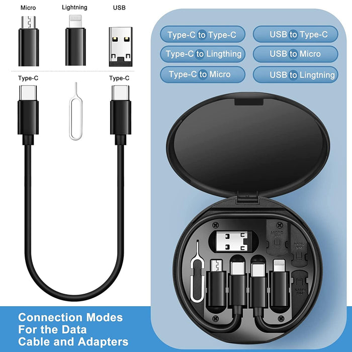 0377 Mini Multi-Functional Fast Charging Data Cable Set for Apple, Android, Type C Charging with Retrieve Card Pin, Round Storage Box, Compact and Portable, USB Data Cable Storage Box Travel Cable Set (5in1)