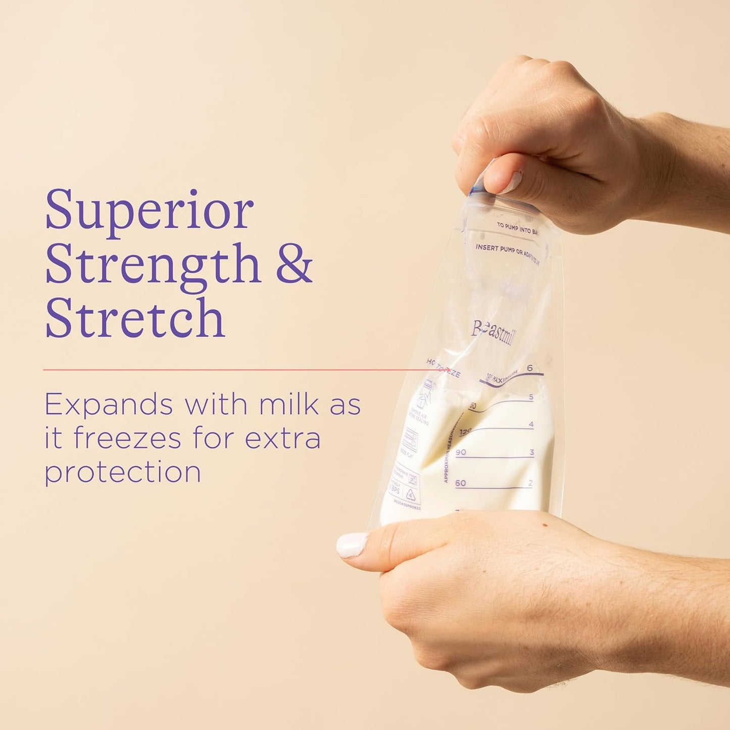 Self-standing FERVENT breastmilk storage bag, ideal for fridge or freezer.