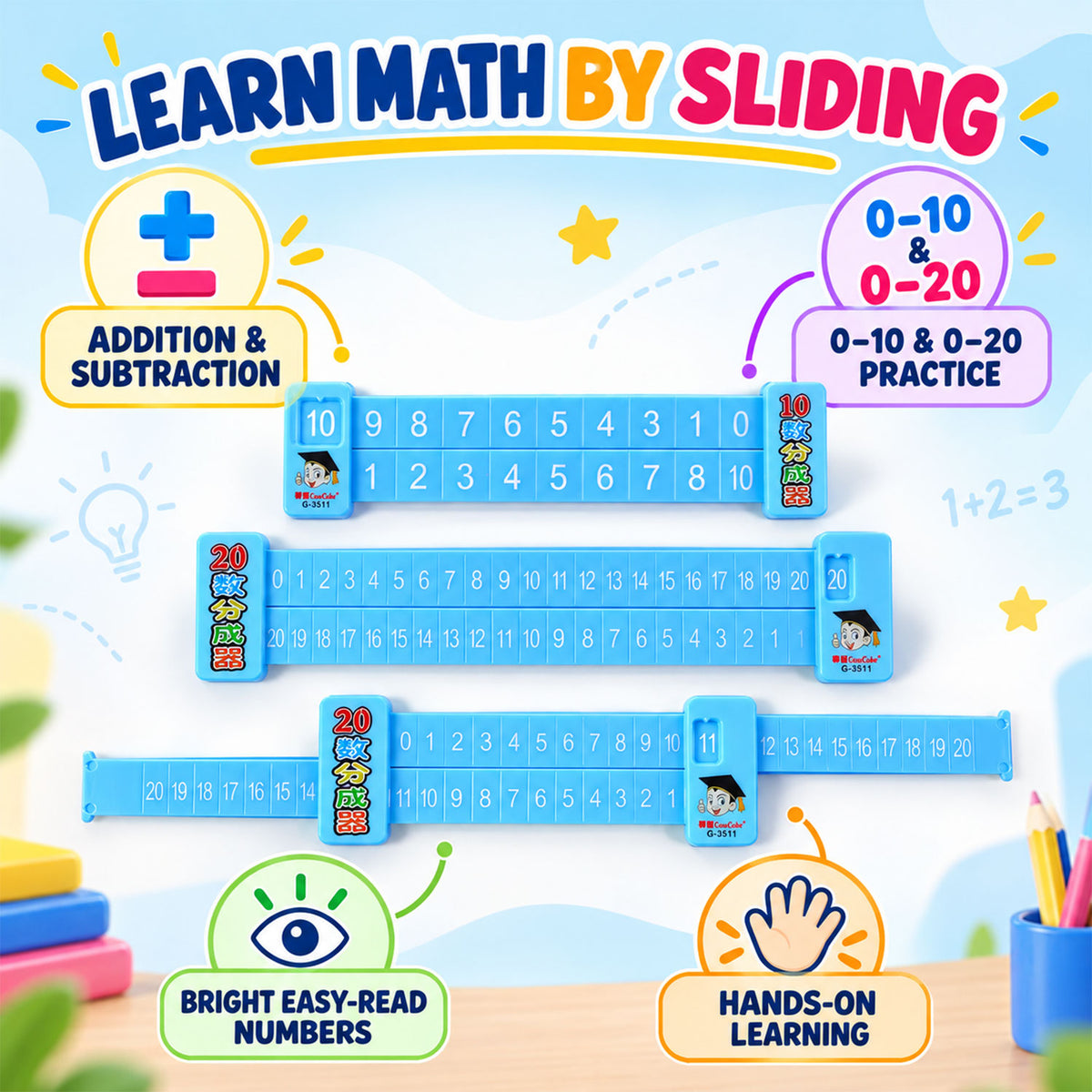2 in 1 Math Decomposition Sliding Ruler for Addition and Subtraction Fun (1 Pc)