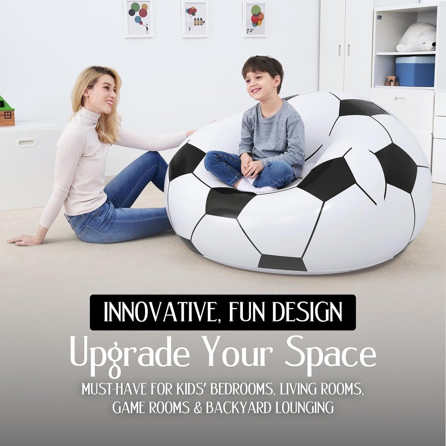 Inflatable soccer ball lounge chair beside gaming setup in a bedroom