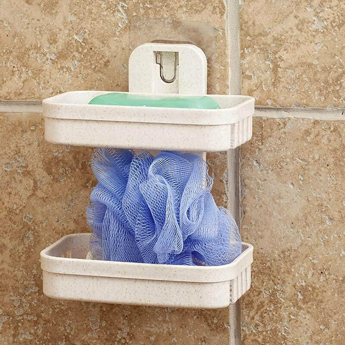 17892 Adhesive Sticker Soap 2 Layer Dish Holder Wall Mounted Bathroom Shower Soap Holder Saver Box Storage Organizer Rack, ABS Plastic (Double Layers / 2 pcs set)