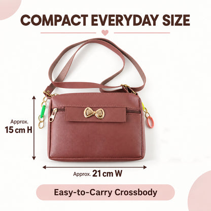 PU Leather Sling Bag for Women with Adjustable Strap and Bow (1 Pc)