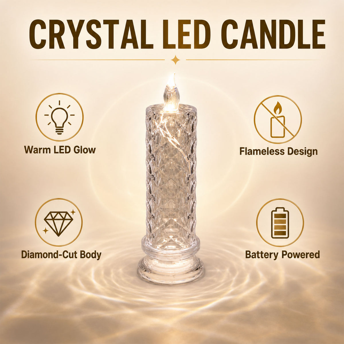 A glowing crystal LED candle surrounded by icons representing its warm LED glow, flameless design, diamond-cut body, and