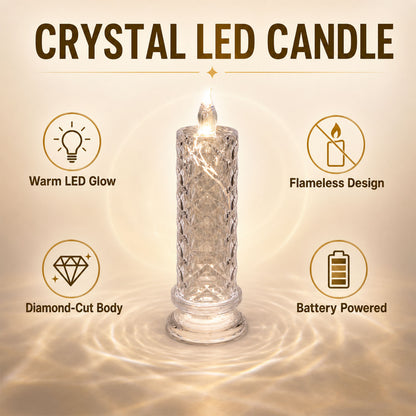 A glowing crystal LED candle surrounded by icons representing its warm LED glow, flameless design, diamond-cut body, and