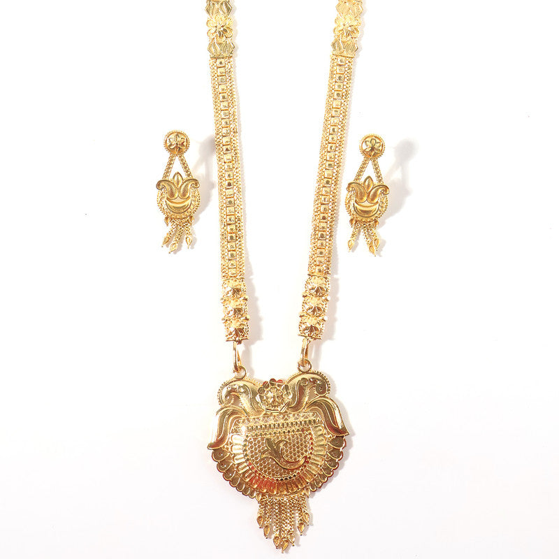 Traditional Gold-Tone Temple Style Necklace Set with Ornate Pendant & Matching Earrings