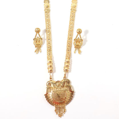 Traditional Gold-Tone Temple Style Necklace Set with Ornate Pendant & Matching Earrings