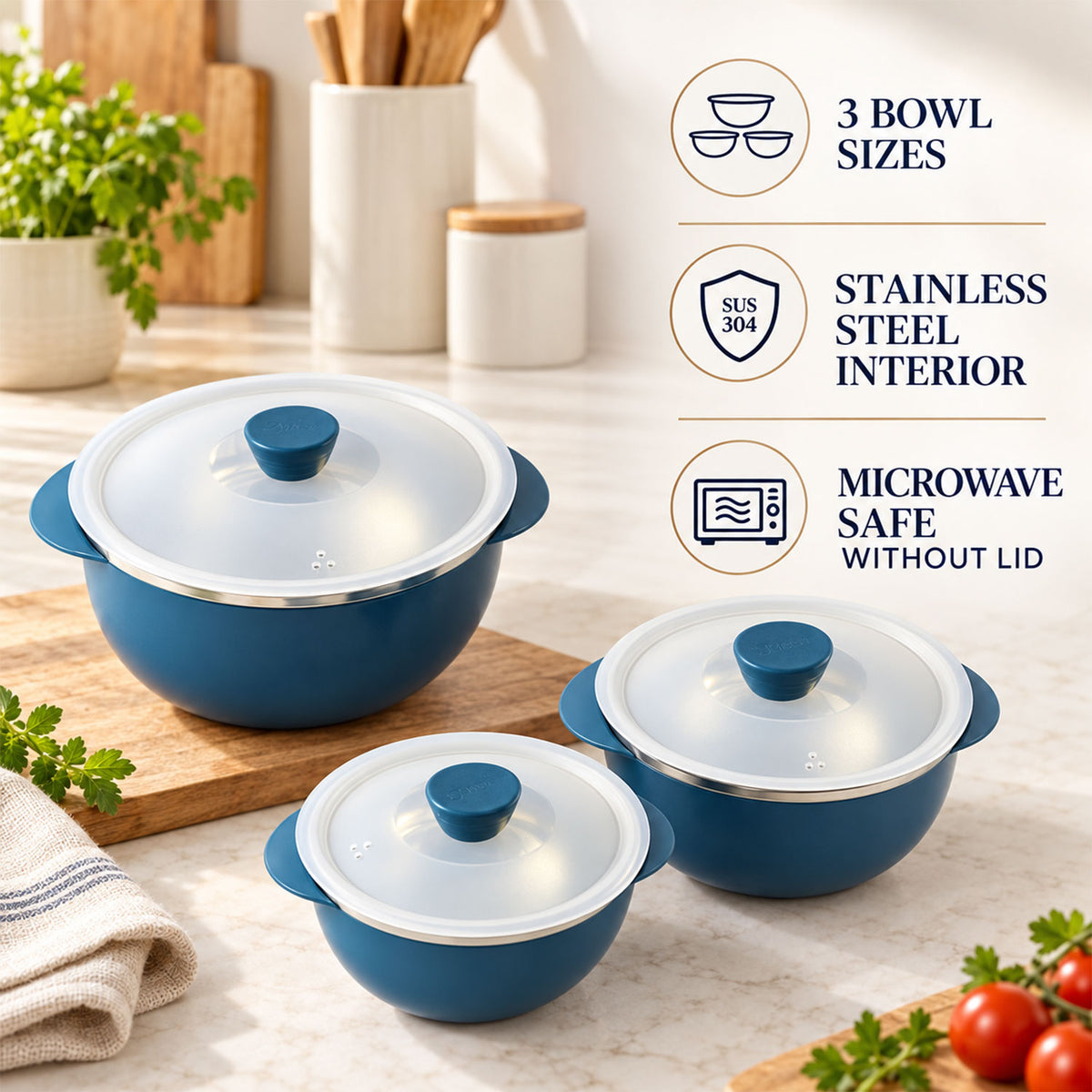 Apex Hot and Serve Serving Bowl Set with Lids, Steel Inner Casserole (3 Pc Set)