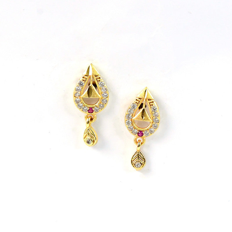 Premium Teardrop Gold Earrings with Cutwork Design & Hanging Stone
