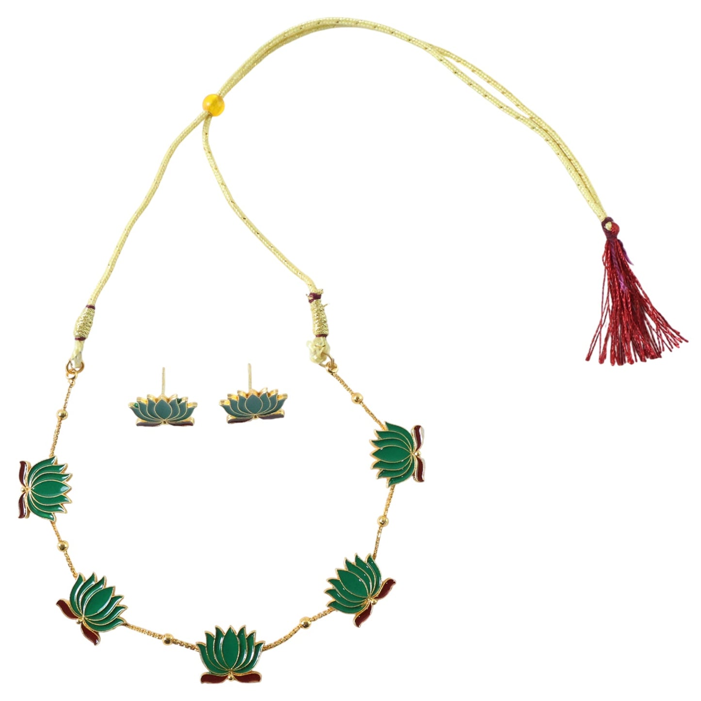Green Lotus Necklace with Adjustable Thread & Stud Earrings Set