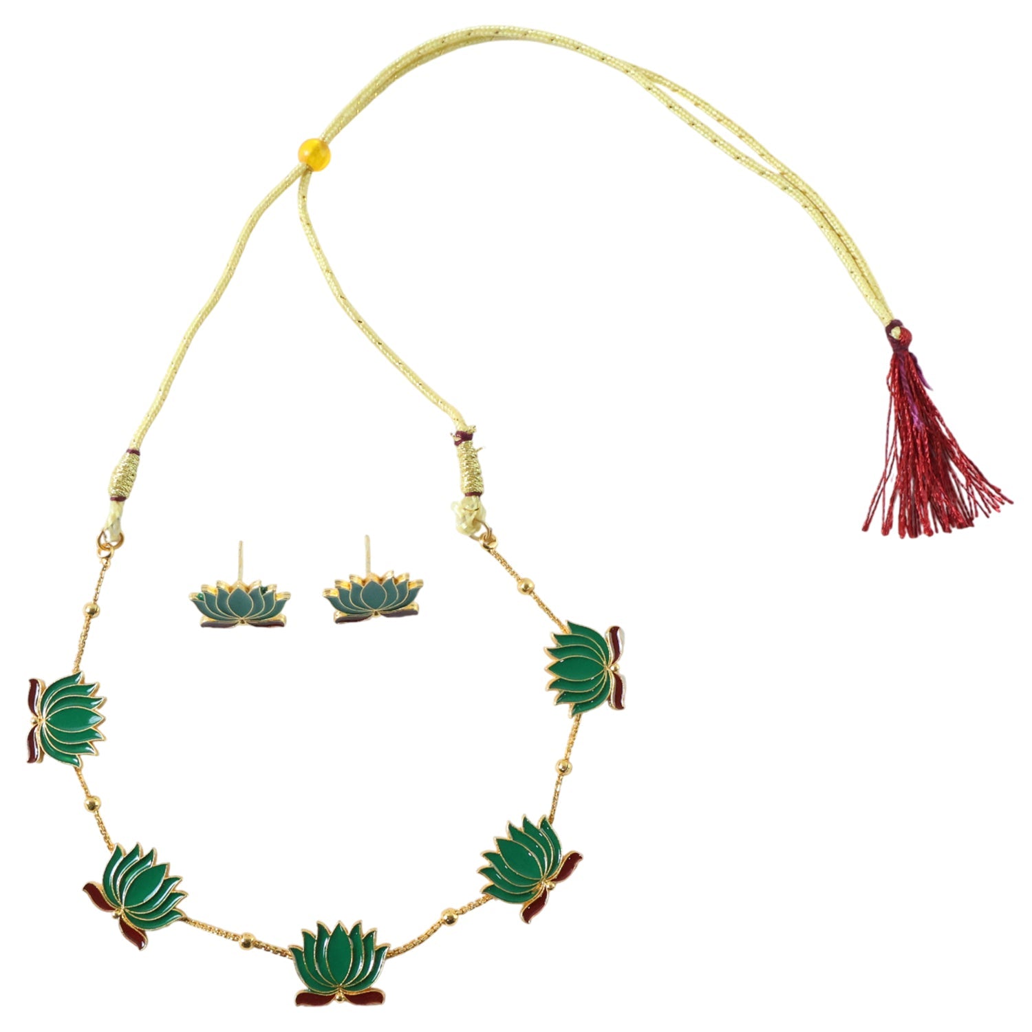Green Lotus Necklace with Adjustable Thread & Stud Earrings Set