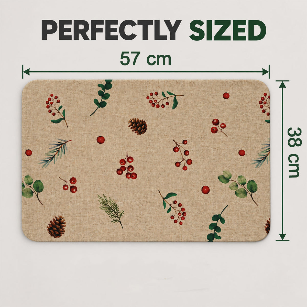 Botanical Berry Print Bath Mat, Linen Look Anti-Slip Floor Rug (1 Pc, 57x38 Cm)