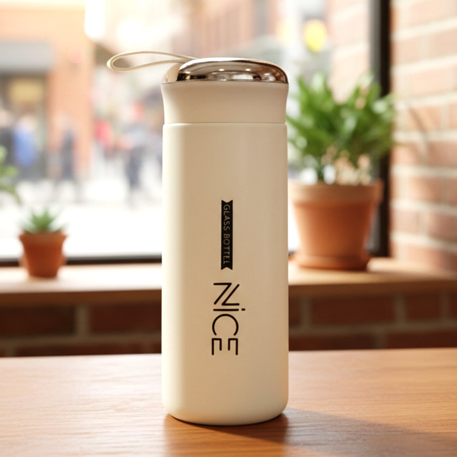 White glass water bottle side view with protective cover