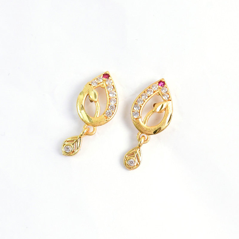 Teardrop Shape Gold Earrings with Ruby Detailing & Crystal Drops