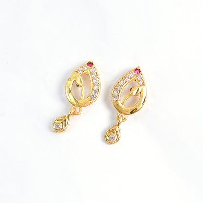 Teardrop Shape Gold Earrings with Ruby Detailing & Crystal Drops