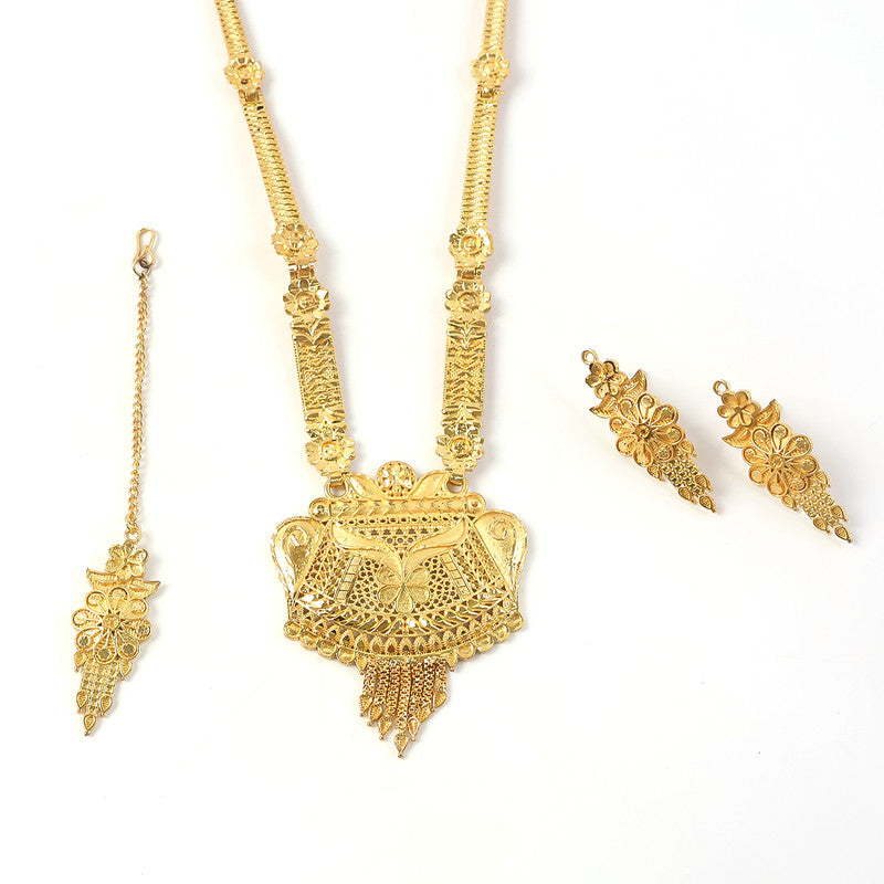 Majestic Gold-Finish Long Necklace Set with Intricate Traditional Craftwork