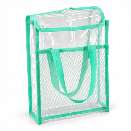 A clear green document bag with a mesh pocket and a snap-button flap, standing upright on a white surface.