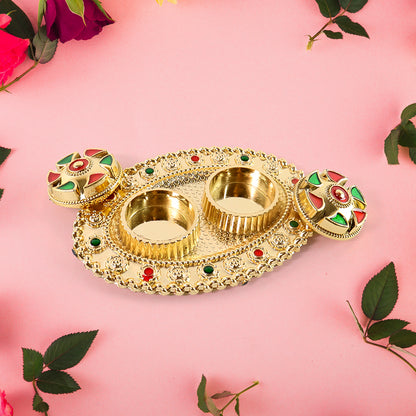 Meenakari Roli–Chawal Pooja Thali -  (1 Pc / Mix design)