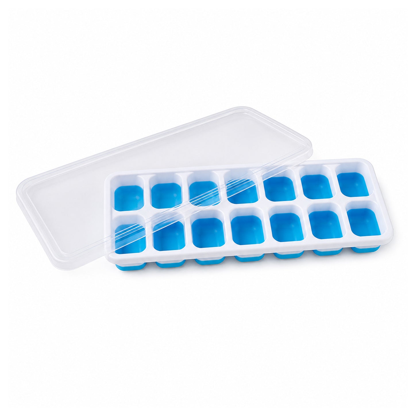 Freezing tray with ice cubes in a freezer
