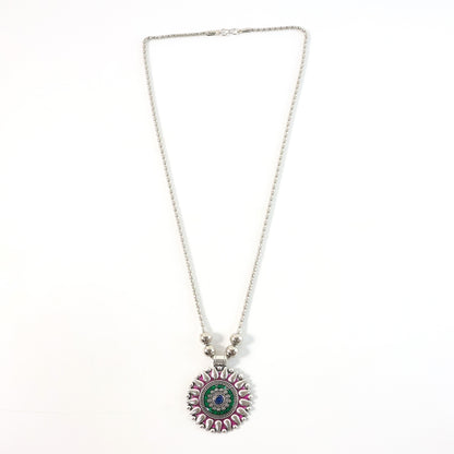 Oxidized Silver Finish Traditional Round Mandala Pendant Necklace (1 pC)