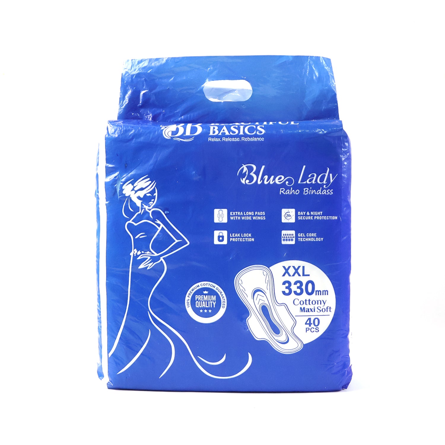 Beautiful Basics Blue Lady Extra Long Pads With Wides Wings Sanitary Pads – 330 mm, 40-Pack