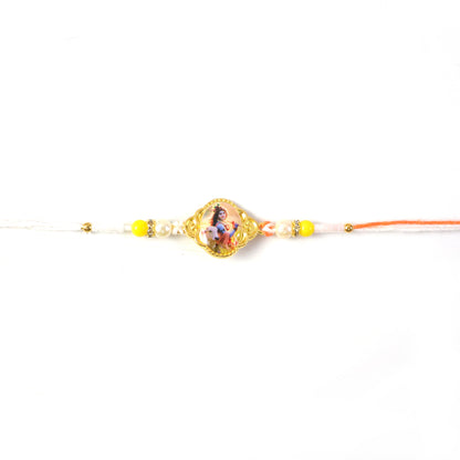 Designer Rakhi with vibrant Lord Krishna photo and fine beadwork