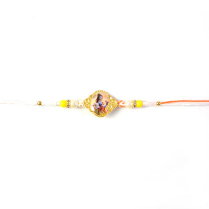 Lord Krishna Rakhi – Elegant Designer Thread with Beads and Photo