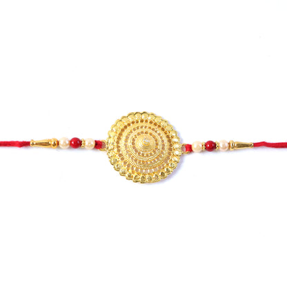 Close-up of premium Rakhi with pearl bead details