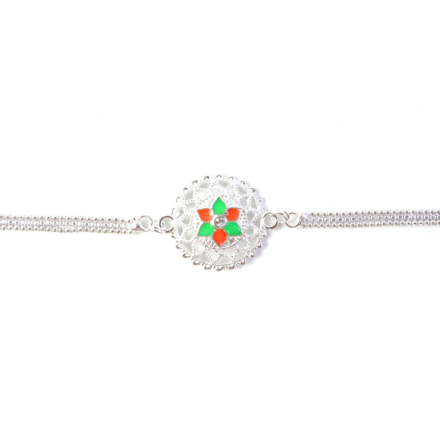 Festive silver floral Rakhi with comfortable tying thread