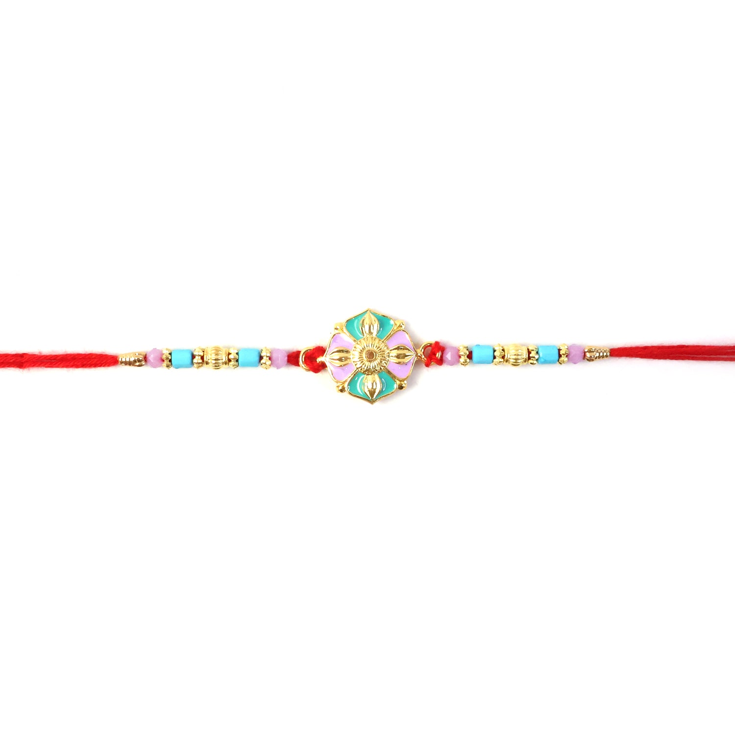 Colorful designer Rakhi with floral motif threads