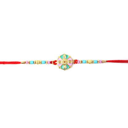 Colorful designer Rakhi with floral motif threads
