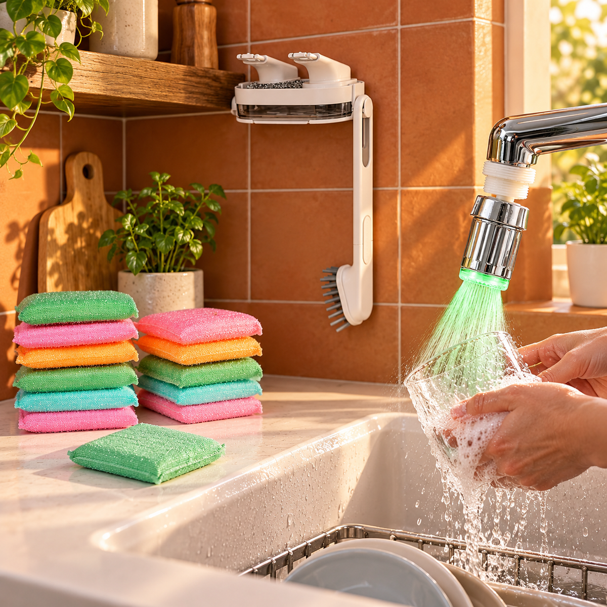A person washes a glass under a green-lit faucet sprayer, next to a stack of vibrant cleaning sponges.