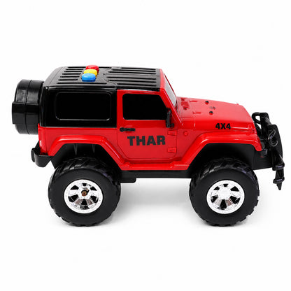 Kids friction powered toy jeep driving on outdoor surface