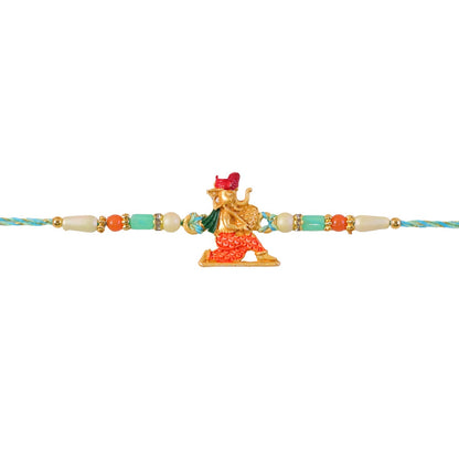 Ganesh Charms Rakhi with Turquoise and Pearl Beads Elegant Festival Accessory (10pcs)