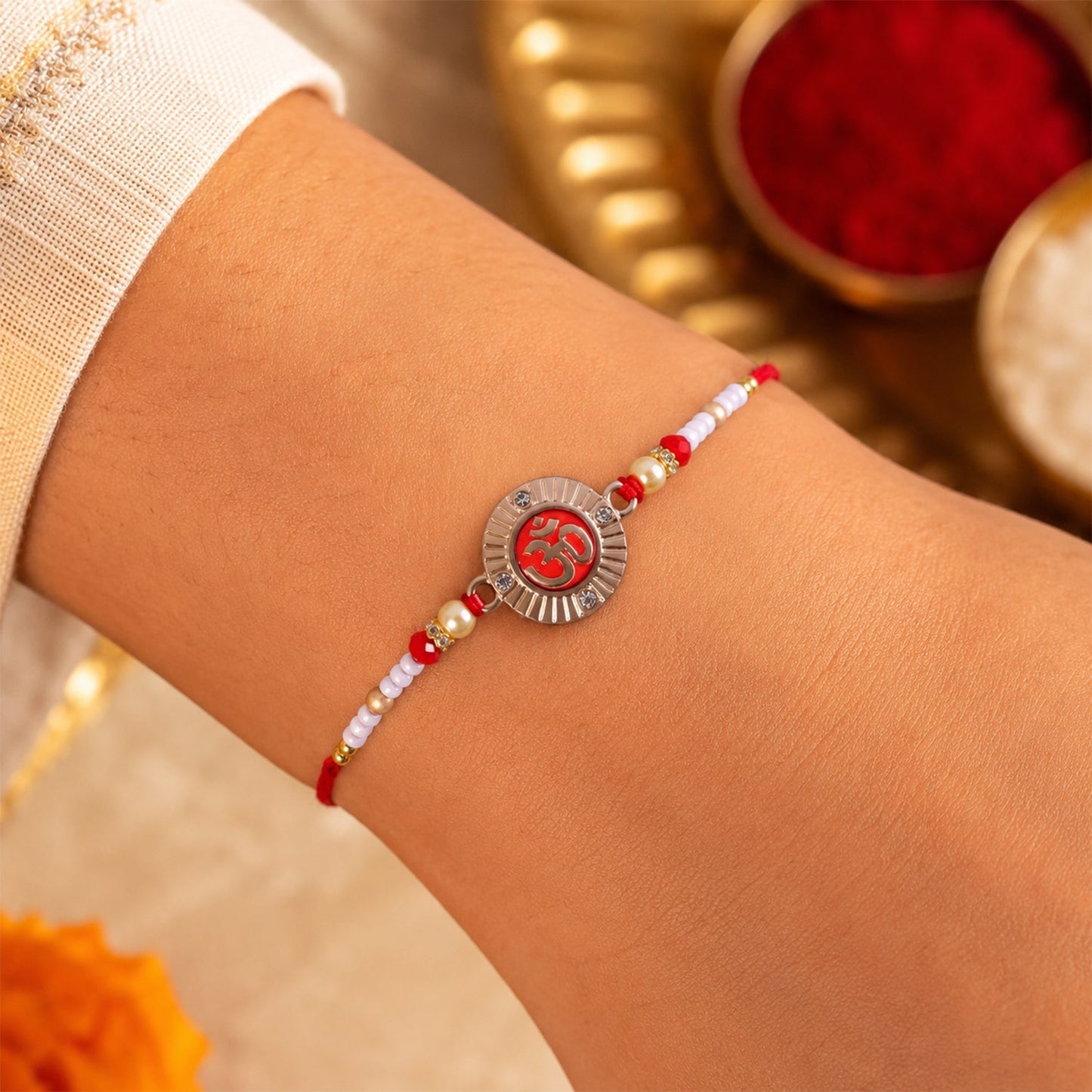 Om Round Charm Rakhi with Pearl Beads for Brothers (5pcs)