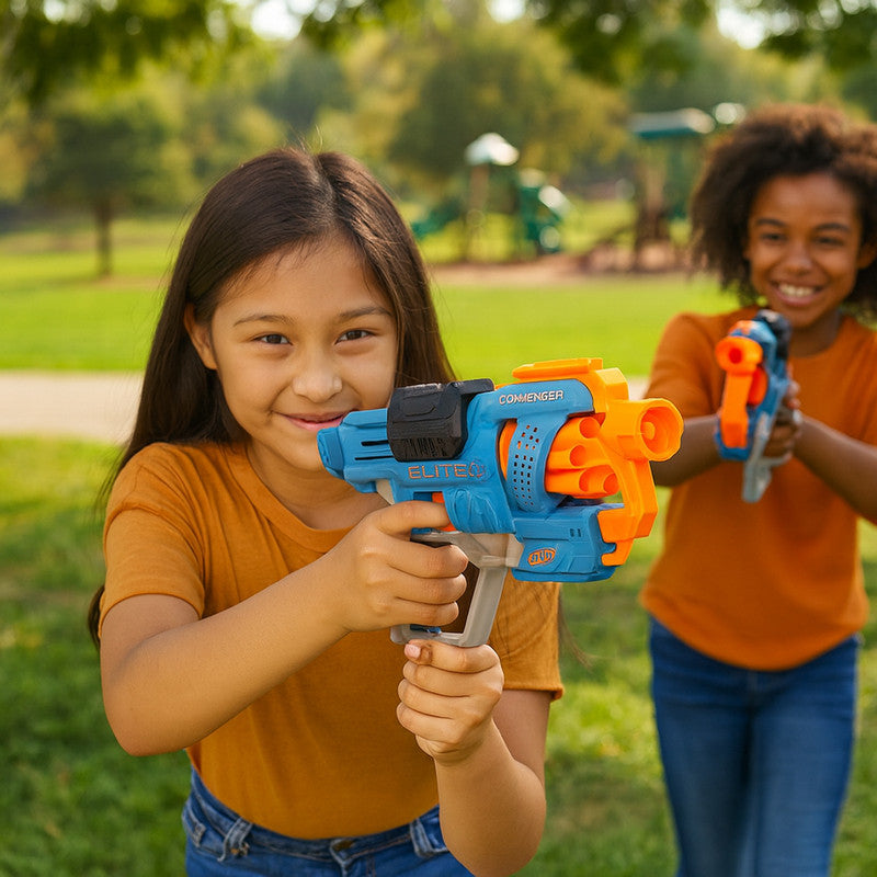 Nerf Elite 2.0 Commander Blaster demonstrating tactical rail attachments