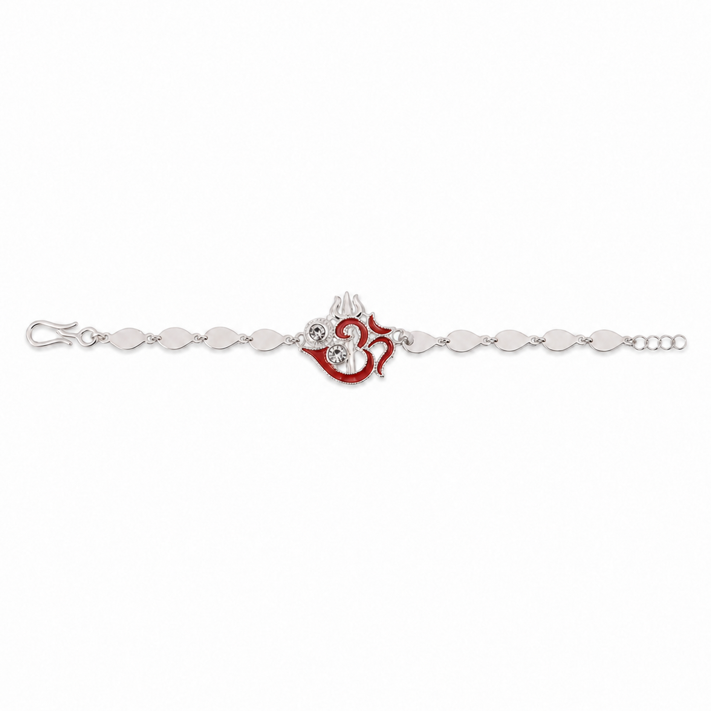 Religious Om Trishul Motif Silver Enamel Petal Chain Rakhi