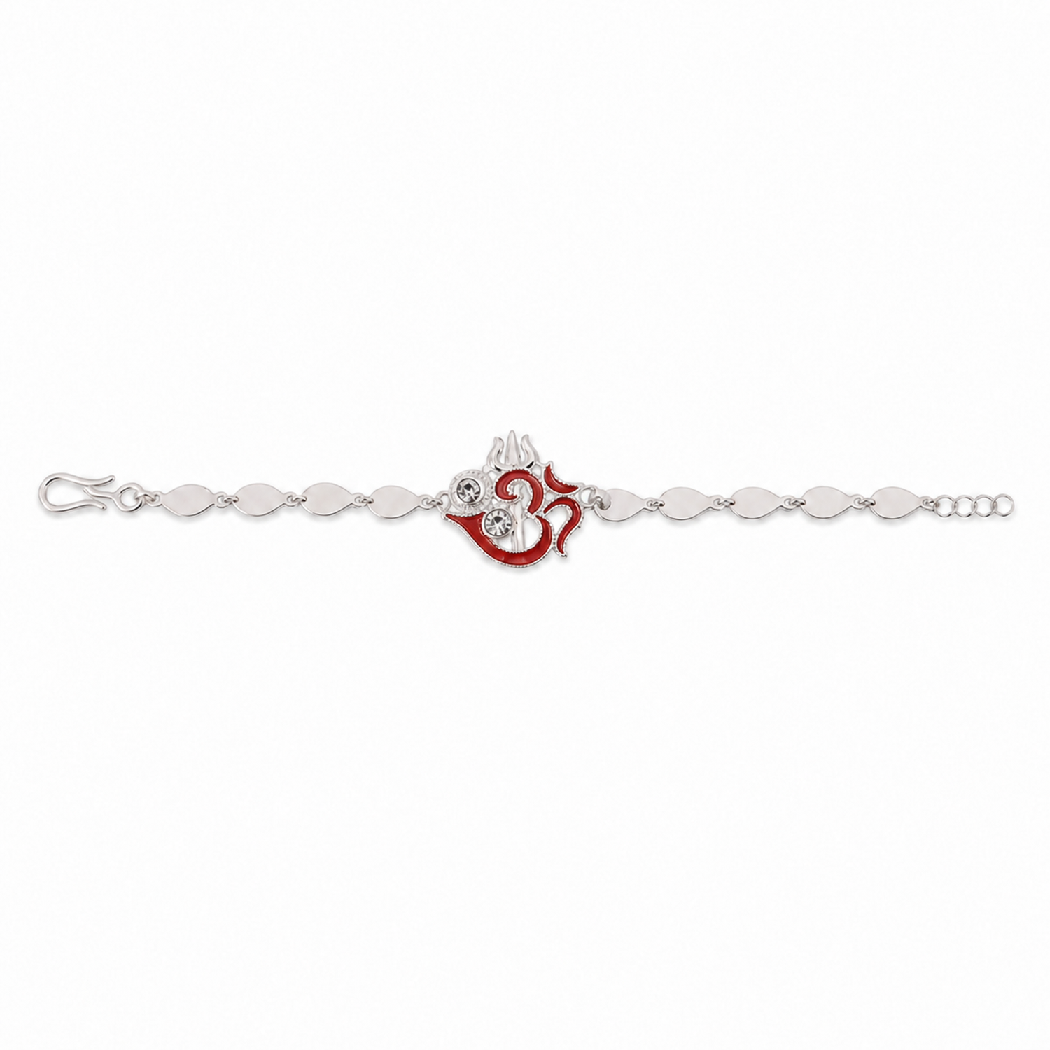 Religious Om Trishul Motif Silver Enamel Petal Chain Rakhi