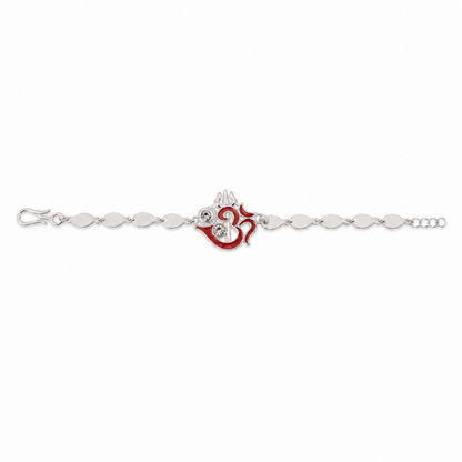 Religious Om Trishul Motif Silver Enamel Petal Chain Rakhi
