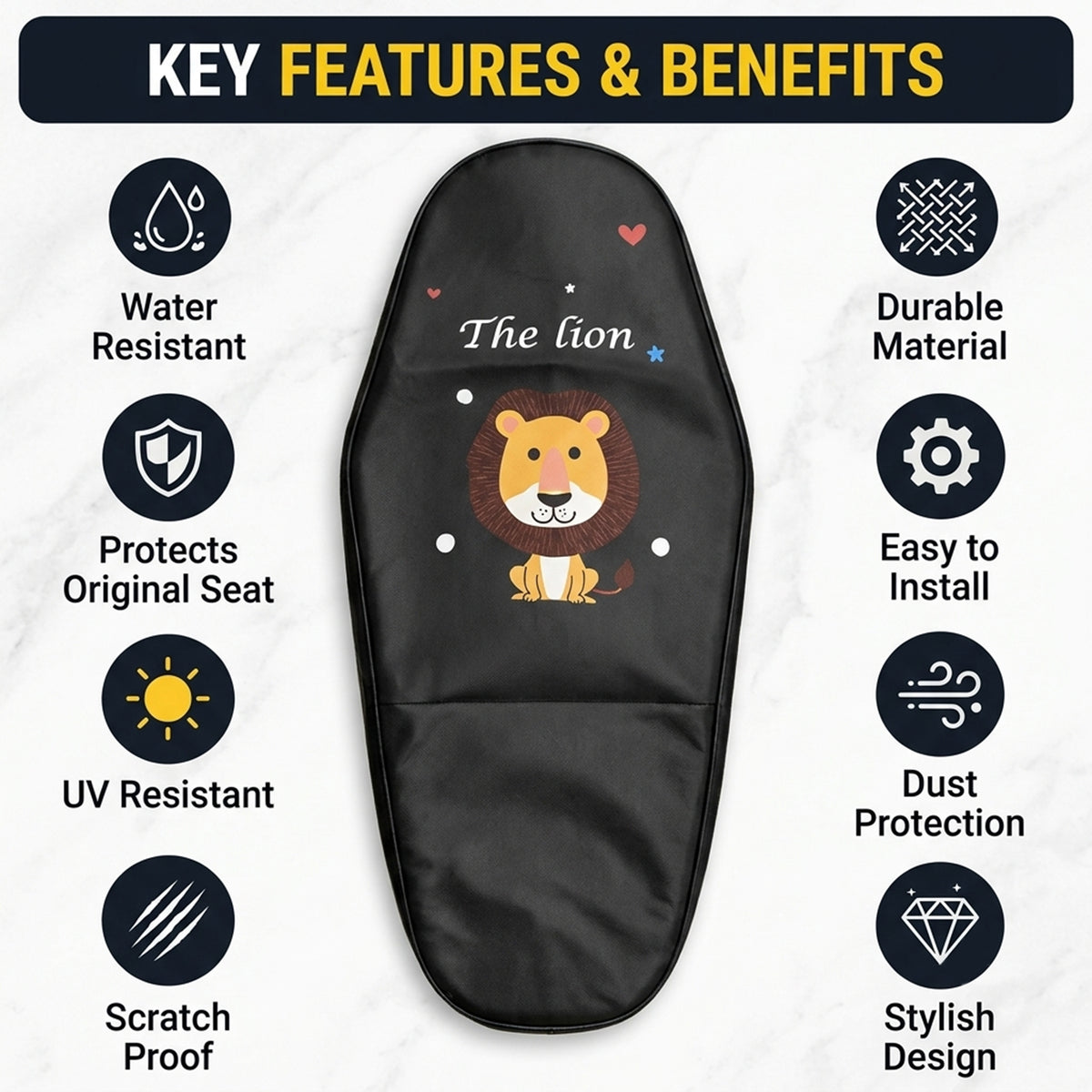 Scooter Seat Cover with Cartoon Lion Print and Elastic Edge, 60 cm (1 Pc)