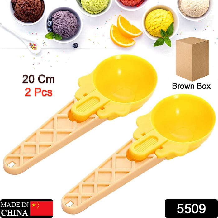 Ice Cream Spoons 2pcs Plastic Water Melon Scoopers with Trigger Dipper and Adults for Summer Party Ice Cream Scoop, Food Serving Spoon Kitchen Tools Ice Cream Digging Spoon Household Spoons Cupcake Spoons Aps Fruit Ball Player (2 Pc)