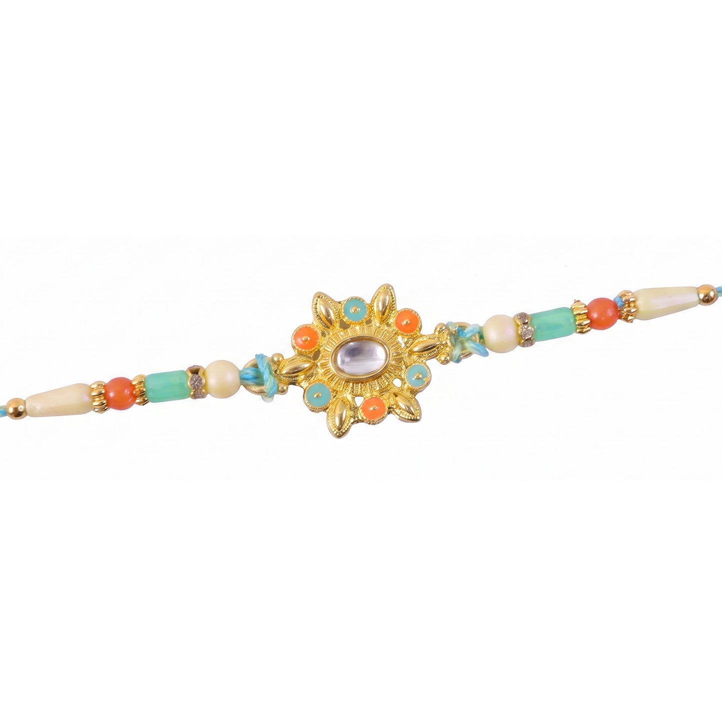 Sunflower Kundan Mirror Pendant Rakhi with Pastel Beads
