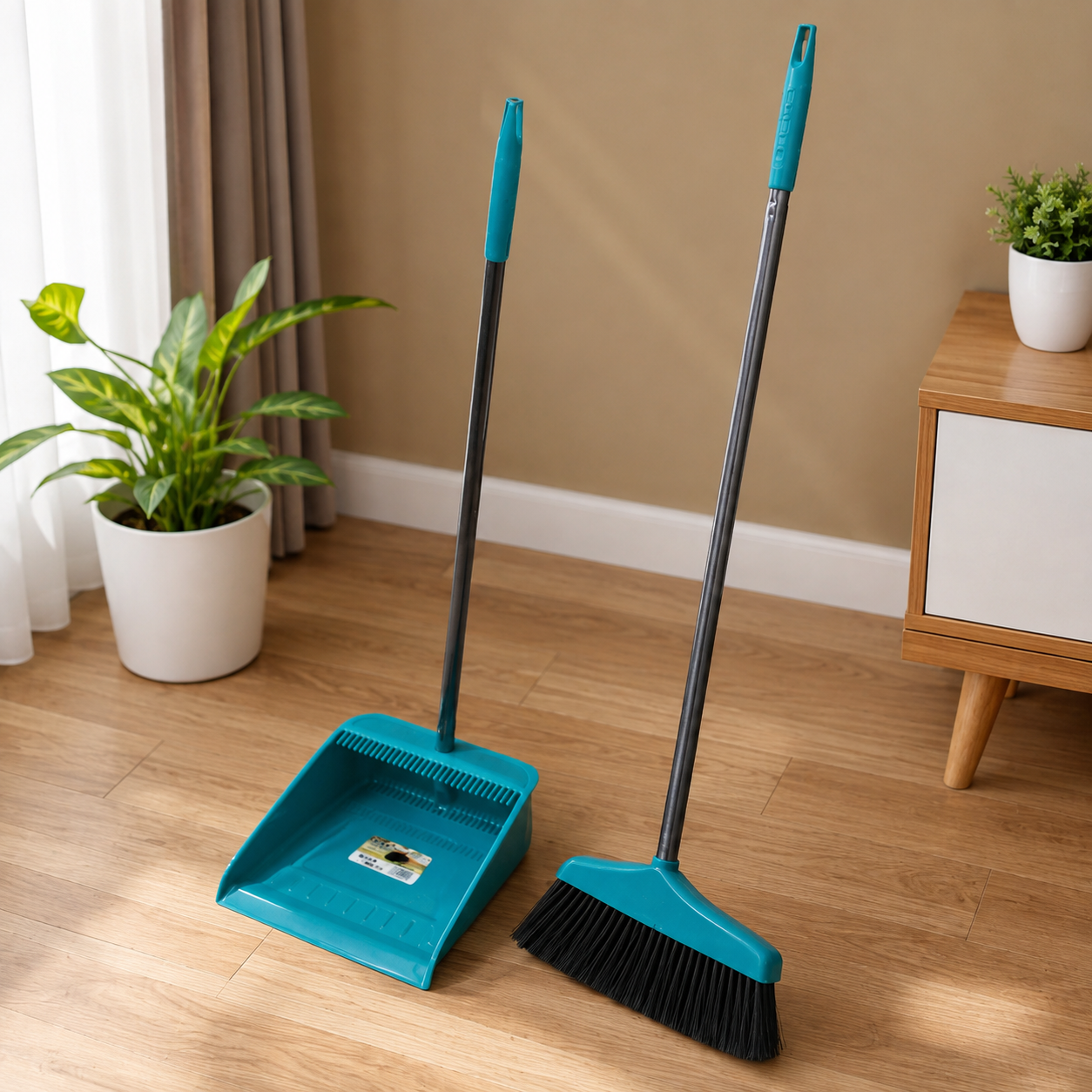 A teal dustpan and broom set with black bristles stands on a light wood floor in a living room.