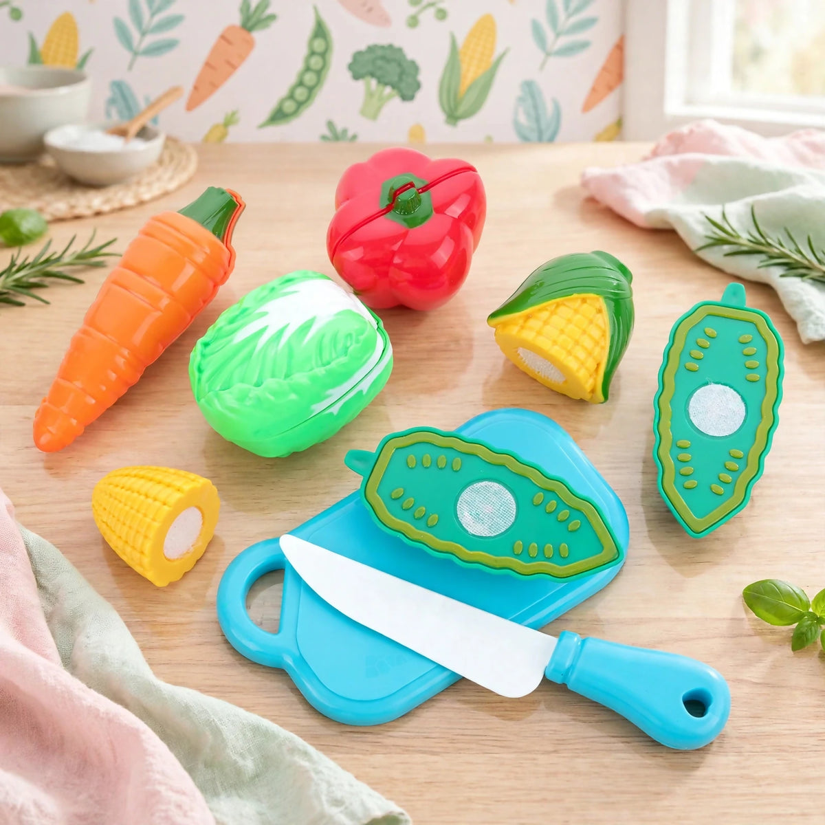A collection of colorful plastic vegetables, a blue chopping board, and a white toy knife on a wooden surface.